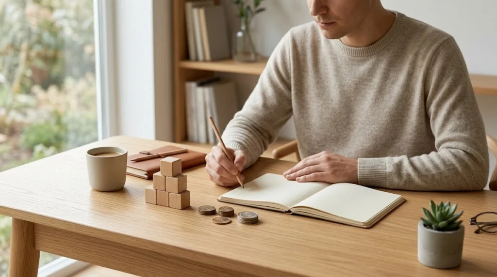 Um homem com um suéter de tricô bege está sentado à mesa de madeira clara, escrevendo em um caderno aberto com um lápis de madeira. Na mesa, há uma caneca de cerâmica, moedas, cubos de madeira empilhados, um caderno fechado de couro e um pequeno vaso de suculenta. O fundo inclui uma estante de livros desfocada e uma janela com vista para um jardim.
