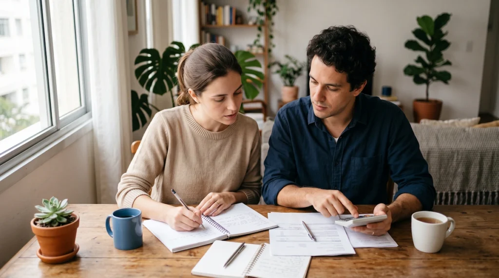 Foto realista e minimalista de um casal jovem sentado à mesa de madeira de uma sala iluminada e organizada. A mulher segura uma caneta enquanto anota em um caderno, e o homem ao lado digita em uma calculadora simples enquanto observa papéis sobre a mesa. Ao redor, há canecas de café e pequenas plantas ornamentais, transmitindo uma atmosfera calma e de planejamento financeiro consciente.