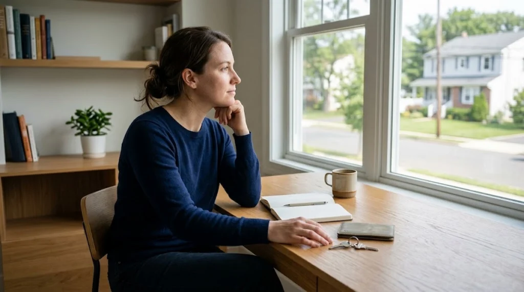 Woman in a dark blue sweater sitting at a desk and looking thoughtfully out a window.