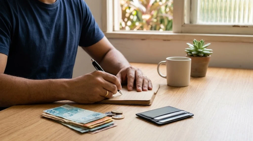 Homem escrevendo em um caderno em uma mesa com notas de real brasileiro, moedas, uma carteira e uma xícara de café.