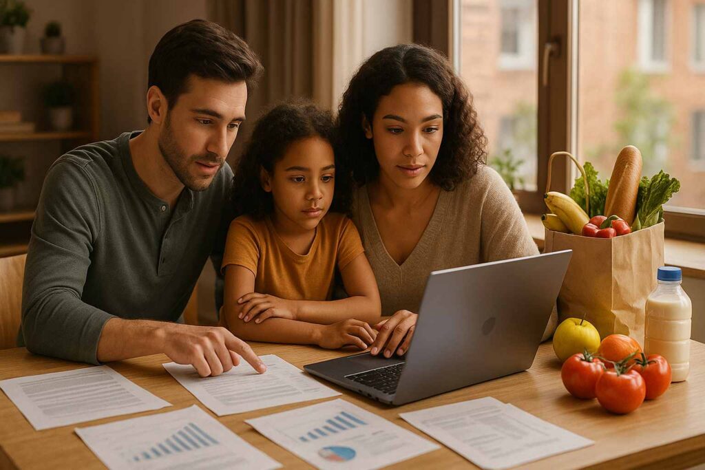 A modern urban family of three reviews finances at a dining table with a laptop, bills, charts, and groceries, illuminated by warm natural light.