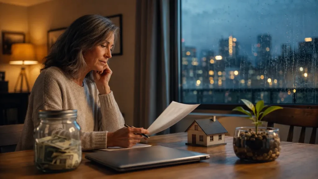 Woman reviews a financial plan with savings, a house model, and a plant on a rainy city night.
