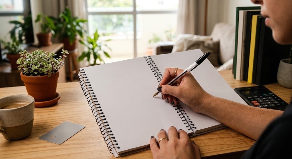 A woman, seen from the shoulder down, holds a pen over an open spiral notebook. The notebook pages are blank white. She sits at a wooden desk with a ceramic coffee mug, a blank metal credit card, a potted plant, and a calculator nearby. Multiple plants are by a window, and book spines are visible. The atmosphere is quiet, neat, and reflective, conveying a sense of preparation and possibility.