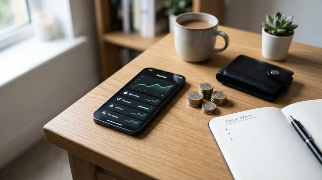 A realistic, minimalist photograph of a wooden desk bathed in soft natural light. On the desk sits a smartphone displaying a clean, dark-mode financial interface with simple green icons for categories like savings and utilities. Next to the phone are neatly stacked coins, a black leather wallet, a ceramic coffee mug, a small potted succulent, and an open notebook with a pen resting beside it. The background is softly blurred with neutral tones, conveying an organized and calm environment.