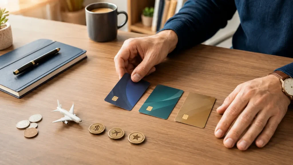 Man compares credit cards with cashback, points, and miles symbols before choosing rewards in the US.