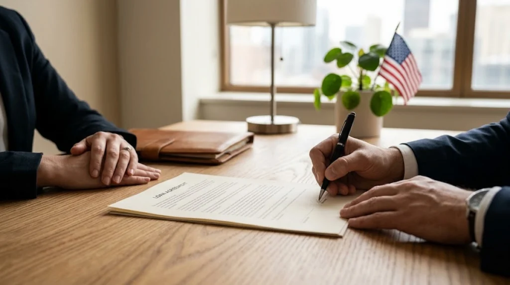 Person signing a loan agreement document at a wooden table with another person sitting across.